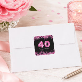 Adesivo Quadrado Aniversário de 40 anos Preto Rosa Chic Brilho Fals