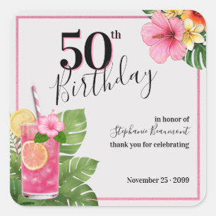 Adesivo Quadrado Aniversário de 50 anos da Mulher com Flor de Coque