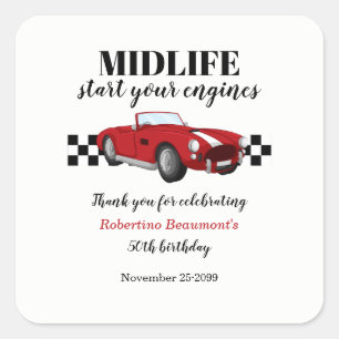 Adesivo Quadrado Aniversário de 50 anos de carro vermelho vintage e