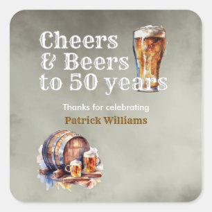 Adesivo Quadrado Aniversário de 50 Anos do Homem Cerveja Cheers Pre