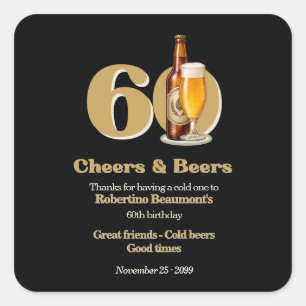 Adesivo Quadrado Aniversário de 60 anos de Homens Simples Cheers &