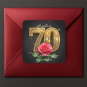 Adesivo Quadrado Aniversário de 70 anos Luxuoso Dourado Rosa com Fi