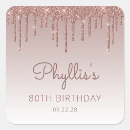 Adesivo Quadrado Aniversário de 80 anos com Brilho em Rose Gold