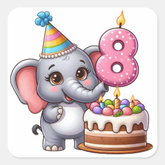 Adesivo Quadrado Aniversário de 8 anos do Elefante Fofo