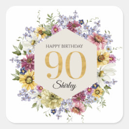 Adesivo Quadrado Aniversário de 90 anos personalizado Wildflower