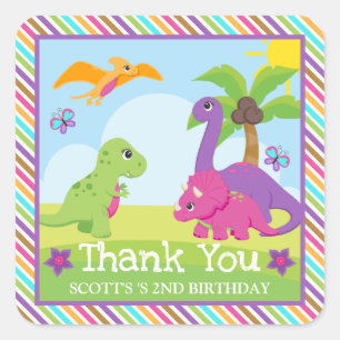 Adesivo Quadrado Aniversário de Amigas Dinossauros Menina Colorida 