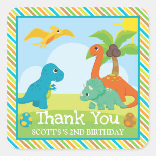 Adesivo Quadrado Aniversário de Amigos de Dinossauros Coloridos Fof