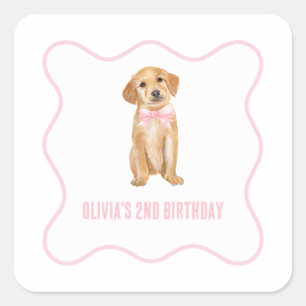 Adesivo Quadrado Aniversário de cachorrinho préppy com xadrez rosa