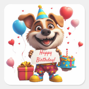 Adesivo Quadrado Aniversário de Cachorro Fofo Com Presente E Placa