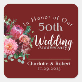 Adesivo Quadrado Aniversário de Casamento de Casais Vermelhos Perso
