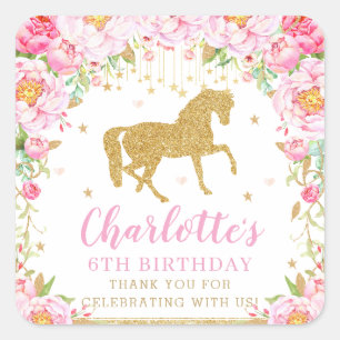 Adesivo Quadrado Aniversário De Cavalo Dourado Rosa Agradece-Lhe O