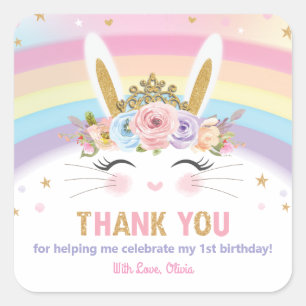 Adesivo Quadrado Aniversário De Coelhinho Bonito Obrigado Por Favo