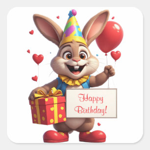 Adesivo Quadrado Aniversário de Coelho Fofo Com Presente E Placa 🐰