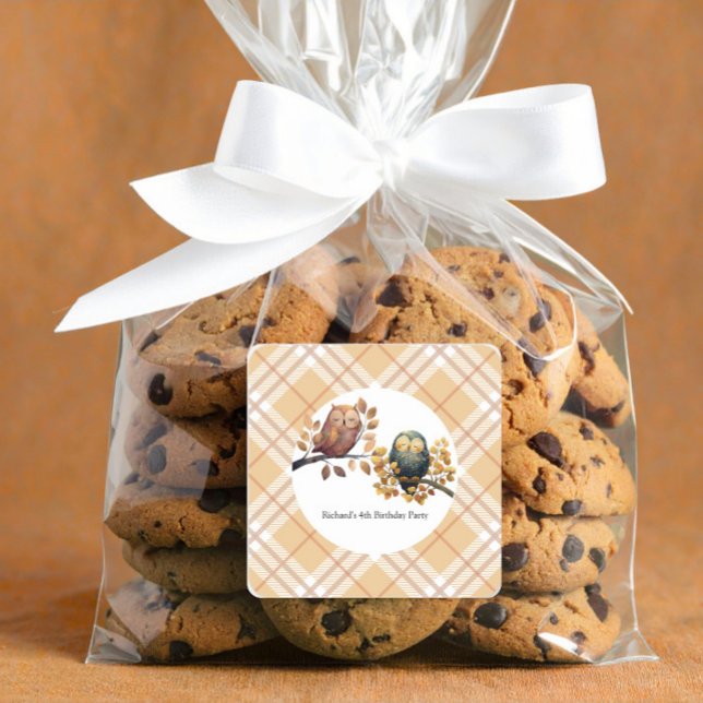 Adesivo Quadrado Aniversário de Coruja e Garoto-Esquilo (Criador carregado)