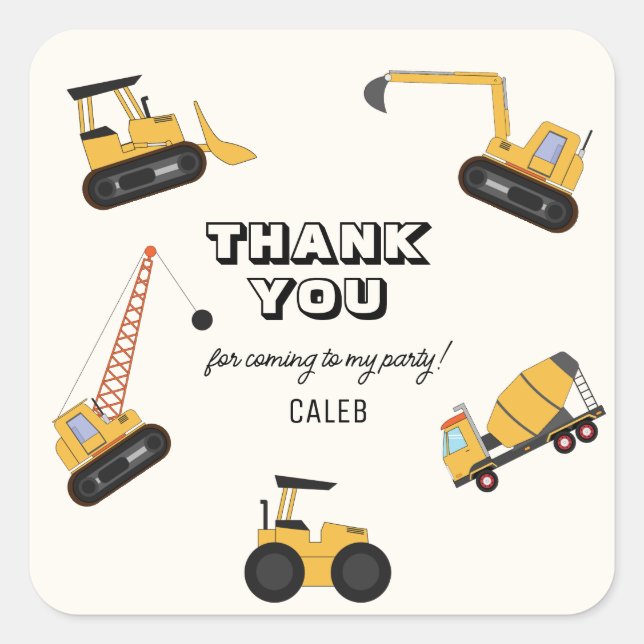 Adesivo Quadrado Aniversário de criança de Caminhão de Construção (Frente)