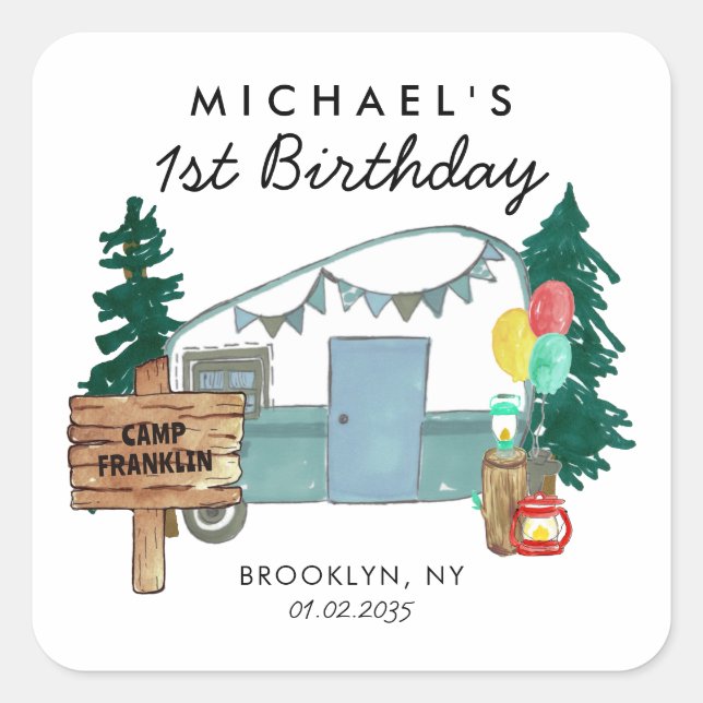 Adesivo Quadrado Aniversário de criança de Camper Van Trees Feliz e (Frente)