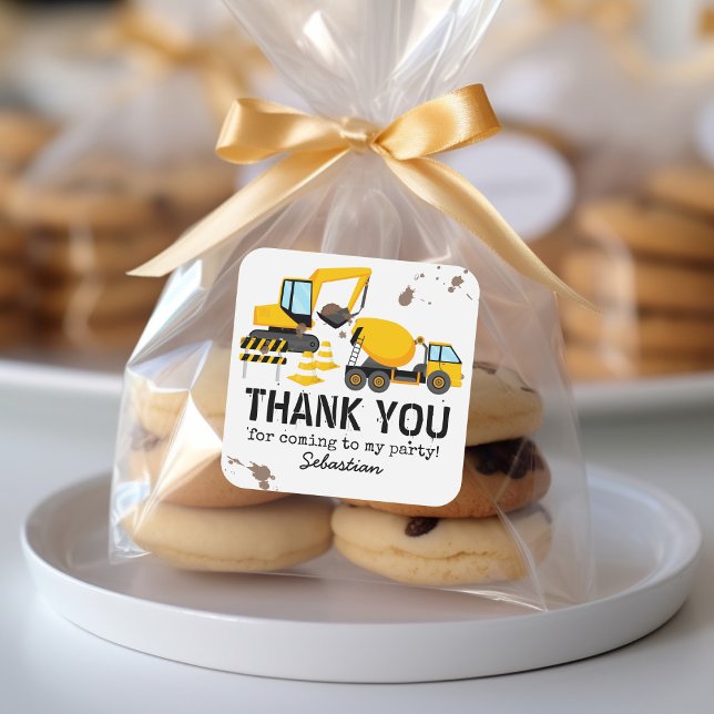 Adesivo Quadrado Aniversário de criança De Construção Obrigado (Criador carregado)