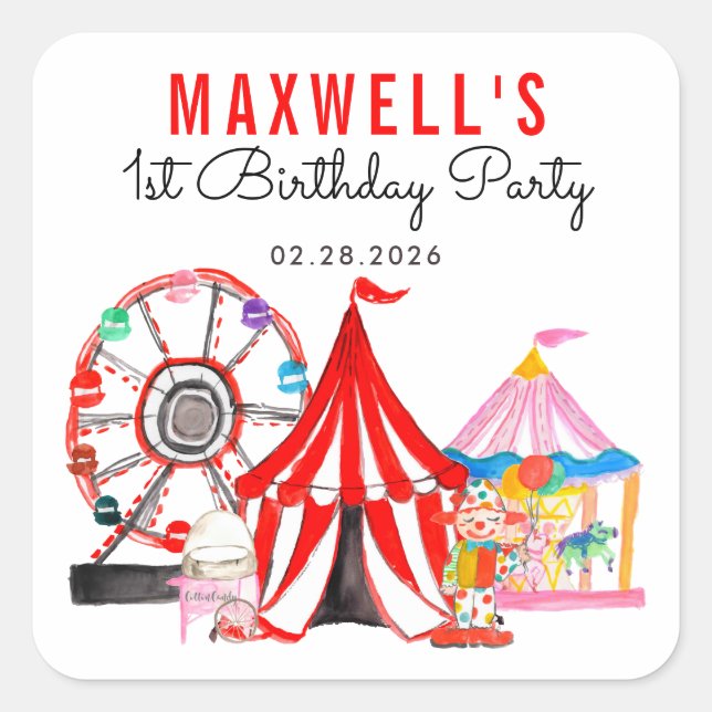 Adesivo Quadrado Aniversário de criança do Festival de Circo do Car (Frente)