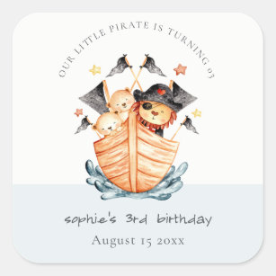 Adesivo Quadrado Aniversário de criança do leão do navio pirata náu