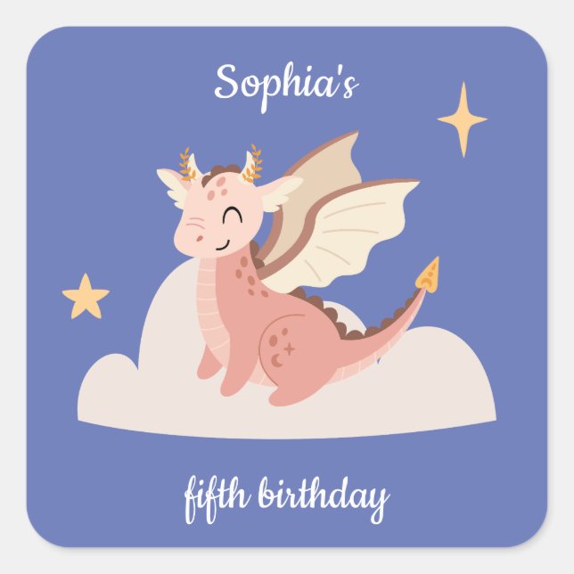 Adesivo Quadrado Aniversário de criança dos Dragões de Pastel (Frente)