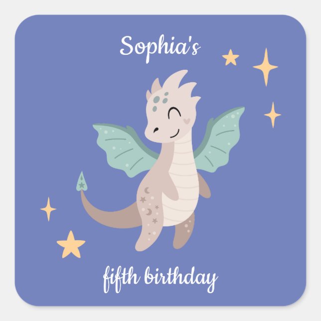 Adesivo Quadrado Aniversário de criança dos Dragões de Pastel (Frente)