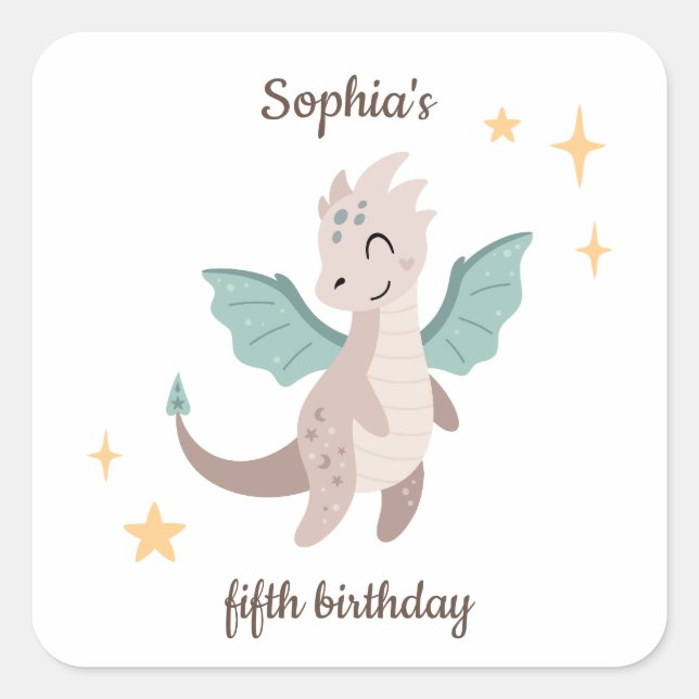 Adesivo Quadrado Aniversário de criança dos Dragões de Pastel (Frente)