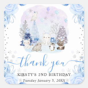Adesivo Quadrado Aniversário de criança Floral de Animais Árcticos 