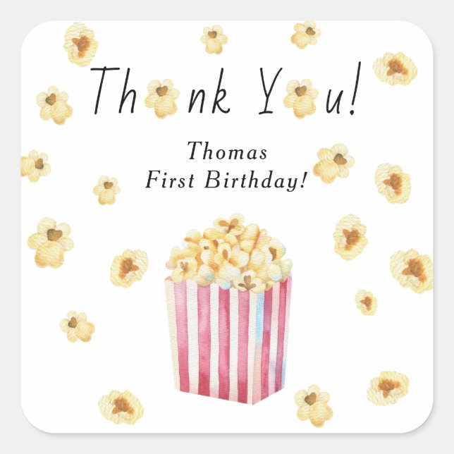 Adesivo Quadrado Aniversário de criança Popcorn Obrigado (Frente)