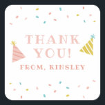 Adesivo Quadrado Aniversário de criança Sprinkles - Obrigado<br><div class="desc">Um obrigado festivo de aniversário de criança você favorece adesivo com aspersão arco-íris e chapéus de festas feitos à mão.</div>