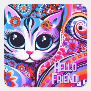 Adesivo Quadrado Aniversário de Gatinho Gatinho Abstrato de Arte Po