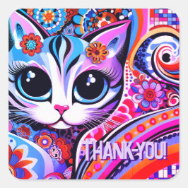 Adesivo Quadrado Aniversário de Gatinho Gatinho Abstrato de Arte Po