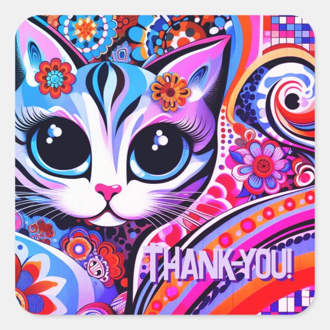 Adesivo Quadrado Aniversário de Gatinho Gatinho Abstrato de Arte Po (Frente)