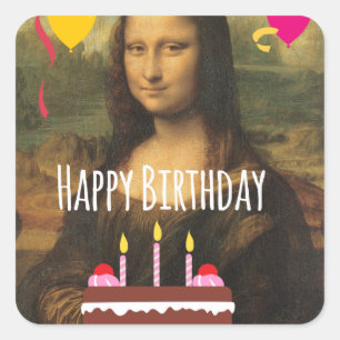 Adesivo Quadrado Aniversário de Mona Lisa com bolo e balões