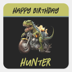 Adesivo Quadrado Aniversário de Motocicleta do Dinossauro Tyrannosa