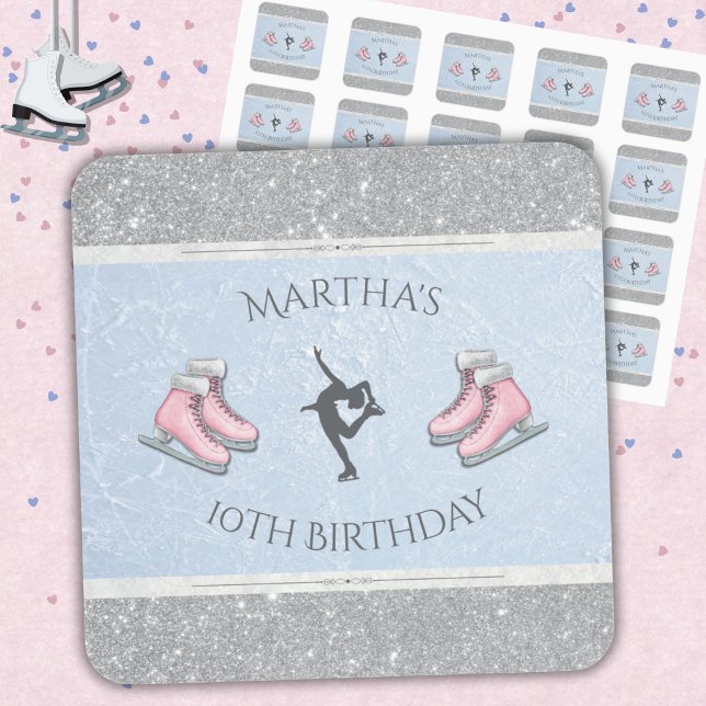 Adesivo Quadrado Aniversário de Patinadora Artística Brilhante Prat (Boutique Style: High-detail view of Sparkly Silver Figure Skater Favor Stickers)
