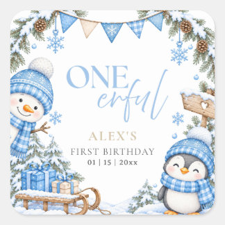 Adesivo Quadrado Aniversário de Um Ano do Inverno Onederland Pingui