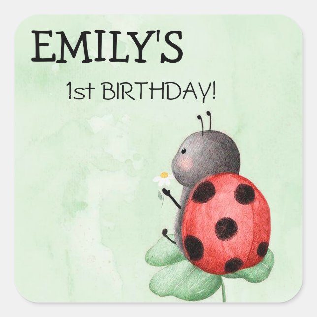 Adesivo Quadrado Aniversário de uma ladybug numa aquarela de campo (Frente)