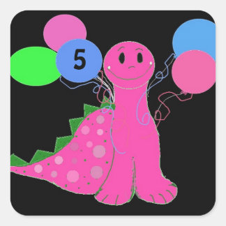 Adesivo Quadrado Aniversário Dinossauro Rosa Personalizável Idade