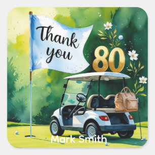 Adesivo Quadrado Aniversário do 80 de Golfe com carrinho de golfe v