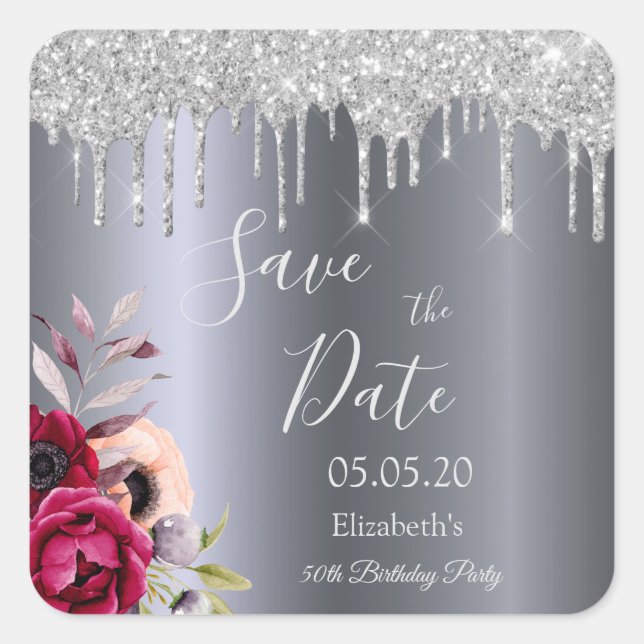 Adesivo Quadrado Aniversário do brilho prateado floral Salve a data (Frente)
