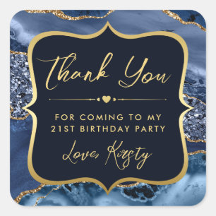 Adesivo Quadrado Aniversário do Elegante Azul e do Agitador Dourado