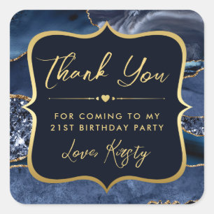 Adesivo Quadrado Aniversário do Elegante Azul e do Agitador Dourado