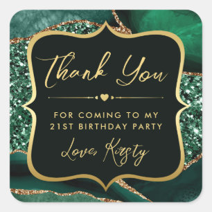 Adesivo Quadrado Aniversário do Elegante Green e do Dourado Glitter