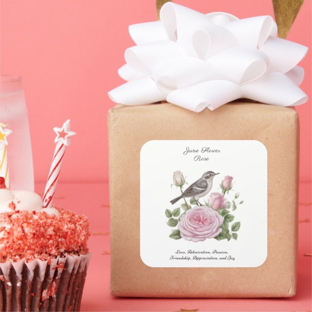 Adesivo Quadrado Aniversário do Elegante Rosa de Flor do Mês do Nas (Festa)