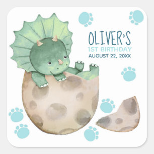 Adesivo Quadrado Aniversário do Menino Dinossauro Triceratops