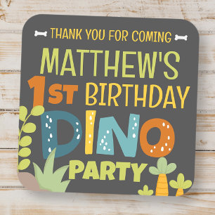 Adesivo Quadrado Aniversário do Modern Cute Dino Dinosaur Kid Obrig