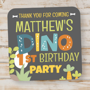 Adesivo Quadrado Aniversário do Modern Cute Dino Dinosaur Kid Obrig