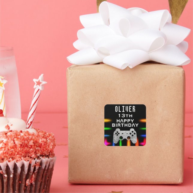 Adesivo Quadrado Aniversário do Neon Gaming do Controlador de Jogos (Festa)