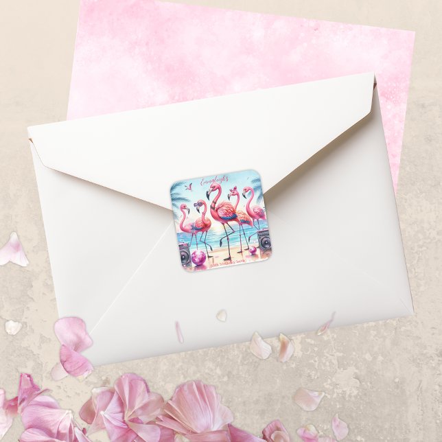 Adesivo Quadrado Aniversário do Partido Flamingle Beach do vamos (Criador carregado)