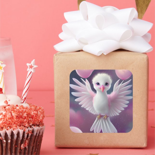 Adesivo Quadrado Aniversário do Pássaro Bebê Branco e Rosa (Festa)